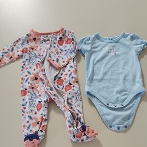 Flower And Strawberry Onesie And Blue Short Sleeve Onesie